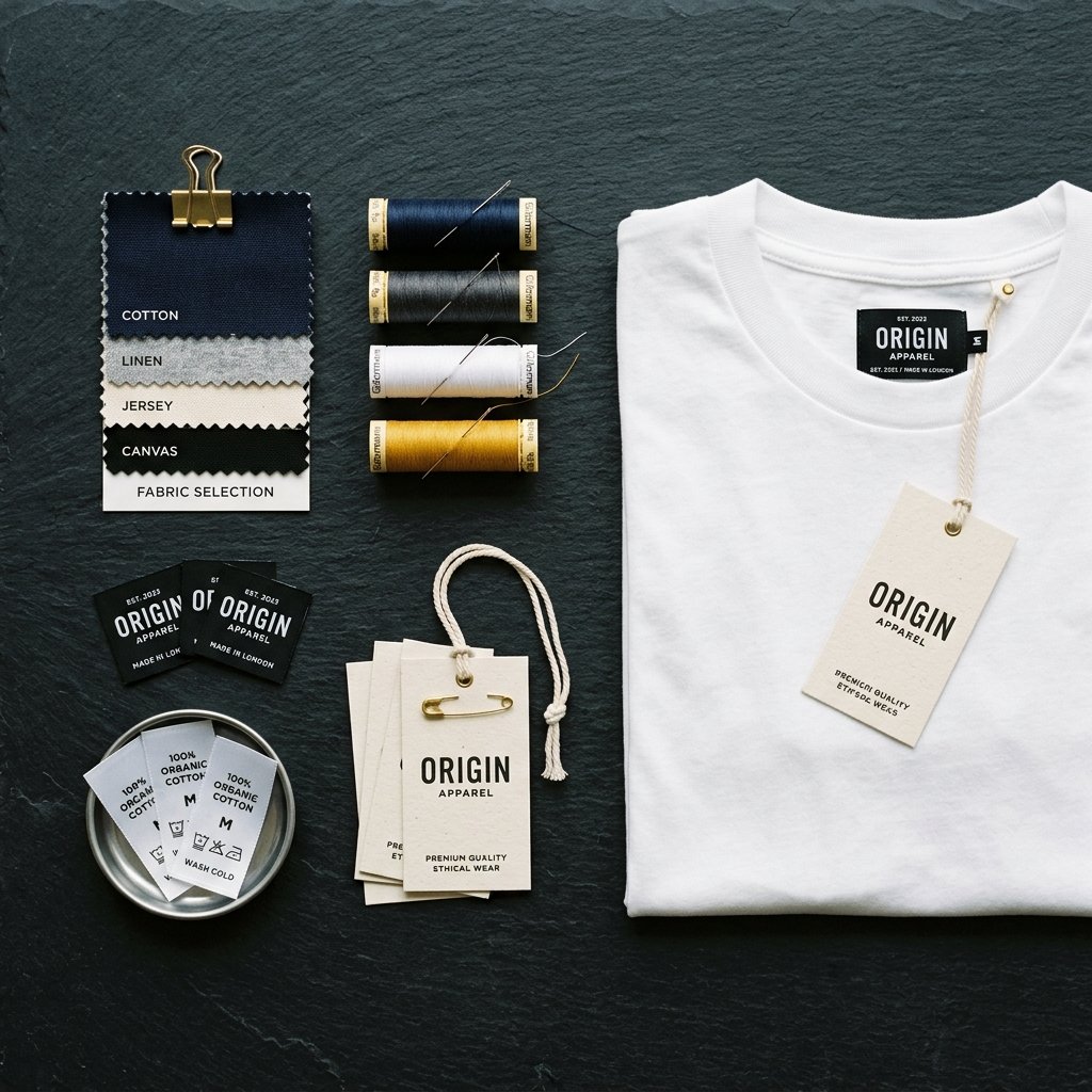OEM manufacturing process — fabric swatches, labels, and production materials